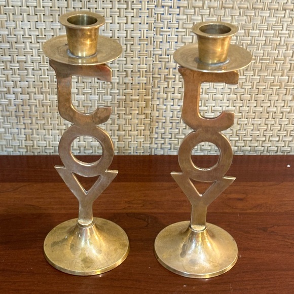 🎄🌟HP🌟VTG 1995 2 Handmade Solid Brass J-O-Y Candlestick Holders Int Silver - Picture 7 of 10